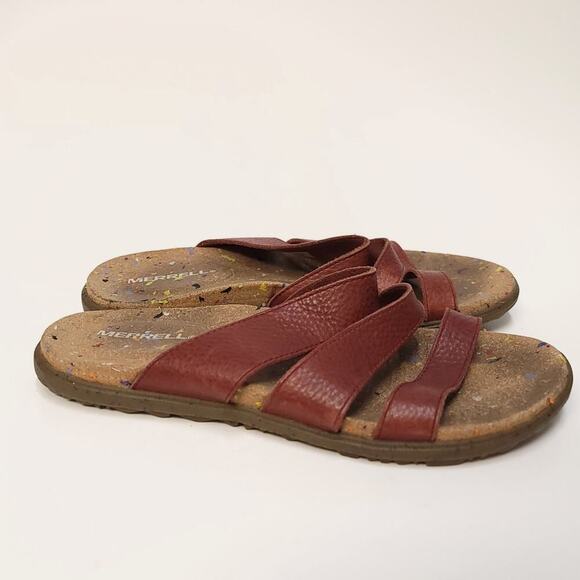 Merrell Sandal Size 7 Women's Nappa Valley Slide Cork Leather Rust Brown Sandals - Picture 5 of 12